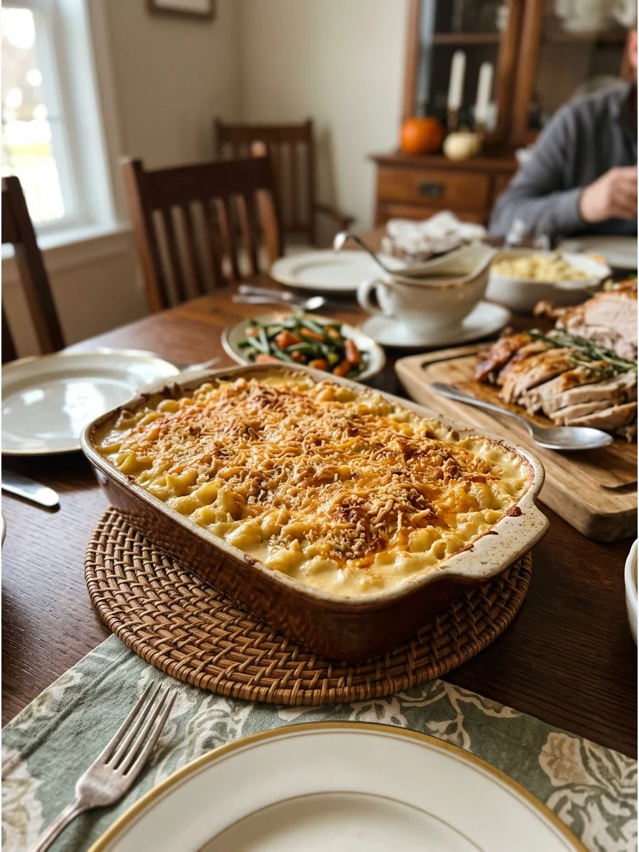 Baked macaroni and cheese with a crispy breadcrumb topping.