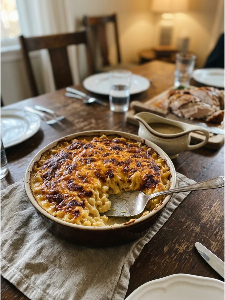 Southern style baked mac and cheese with a browned crust.