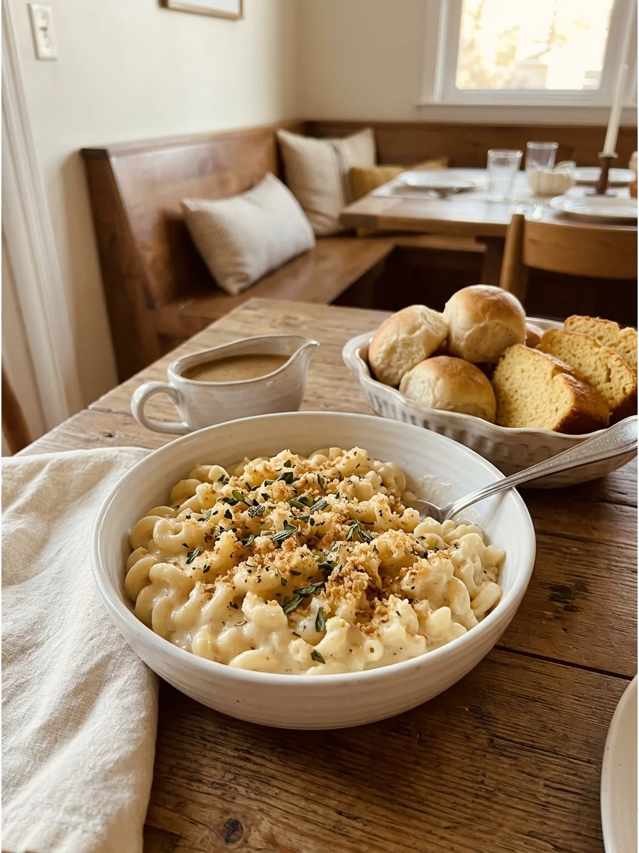 Creamy white cheddar macaroni and cheese with green herbs.