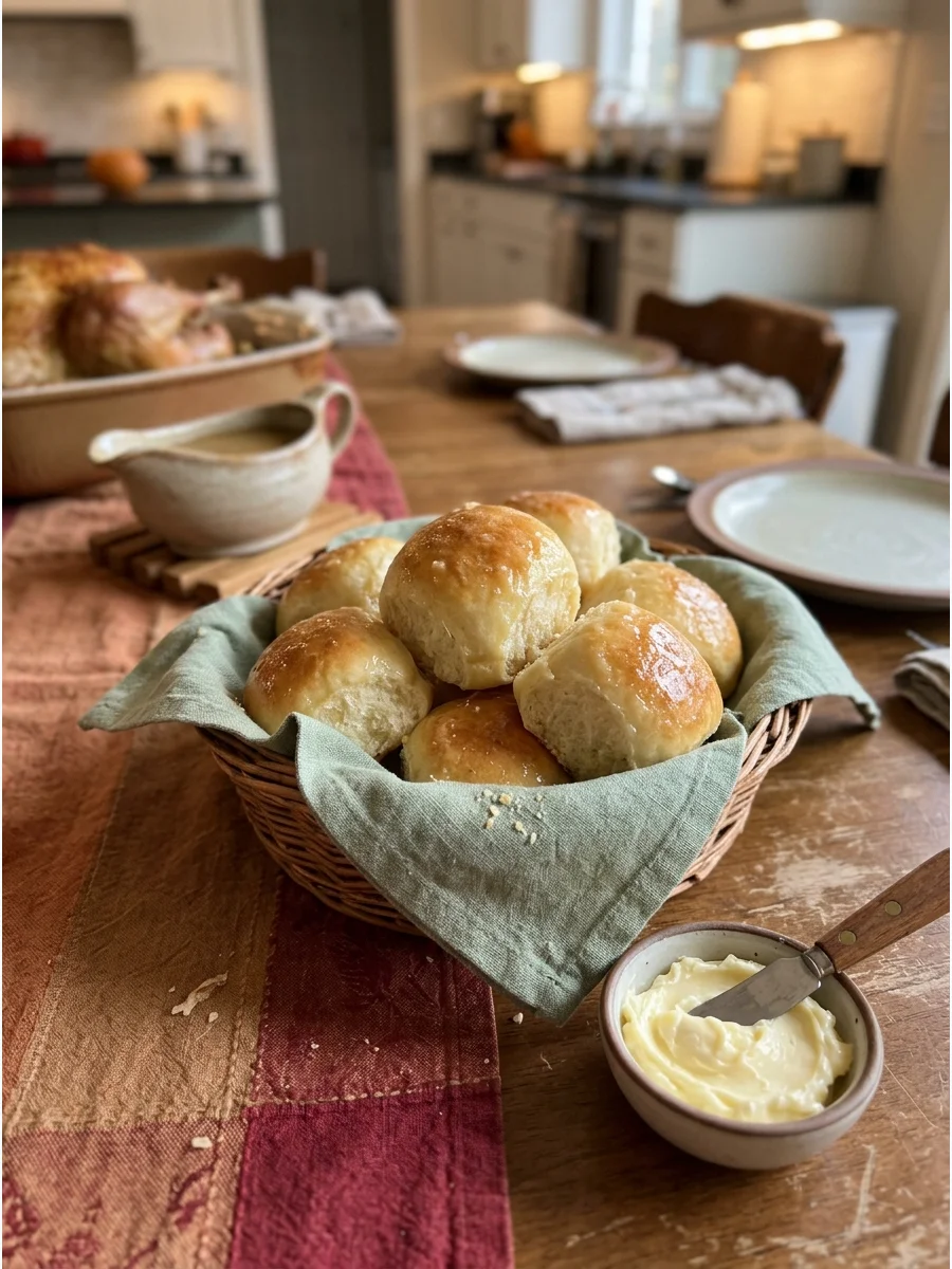 Warm homemade yeast rolls in a cloth-lined basket.
