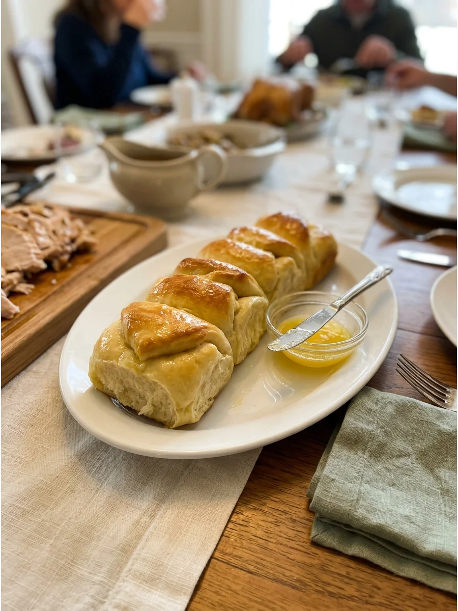 Buttery Parker House rolls arranged on a serving plate.