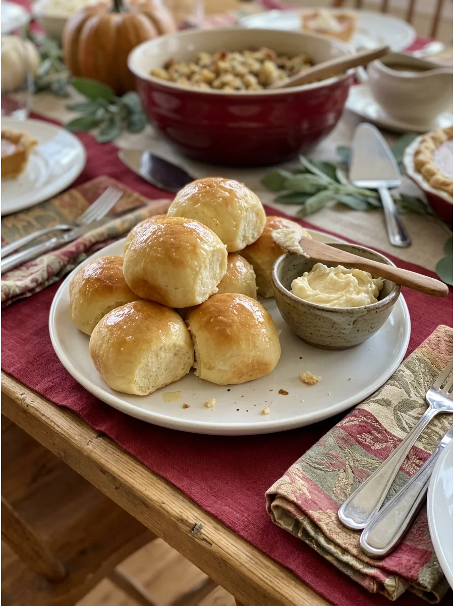 Soft dinner rolls served with a side of honey butter.