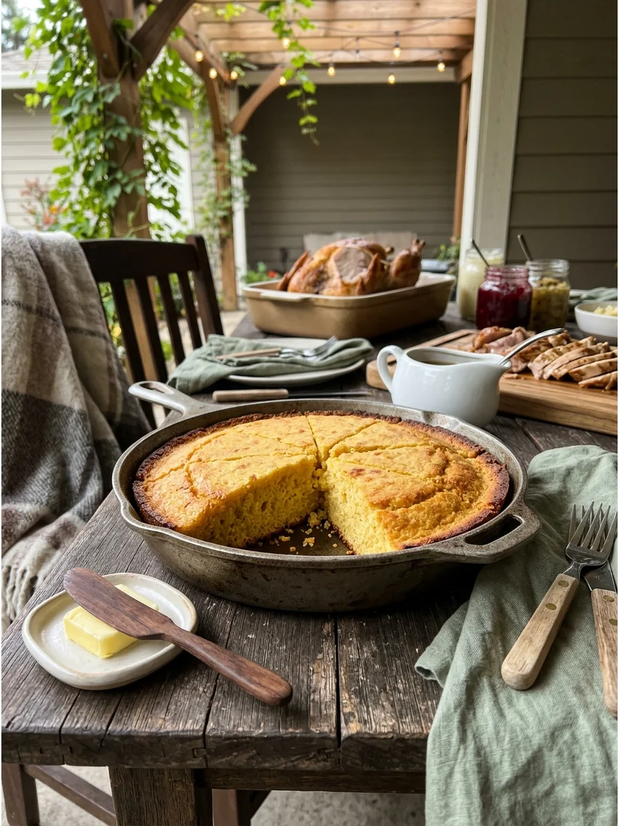 Skillet cornbread sliced into wedges on a patio table.