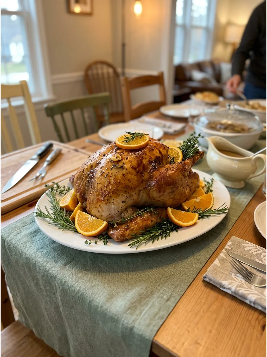 Roasted turkey garnished with orange slices and rosemary on a green runner.