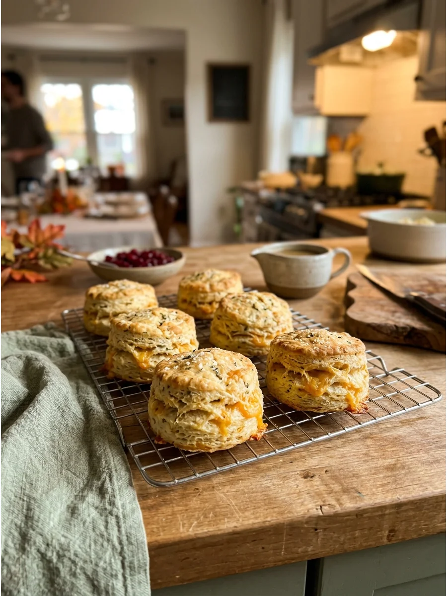 Homemade cheddar herb biscuits showing flaky layers.