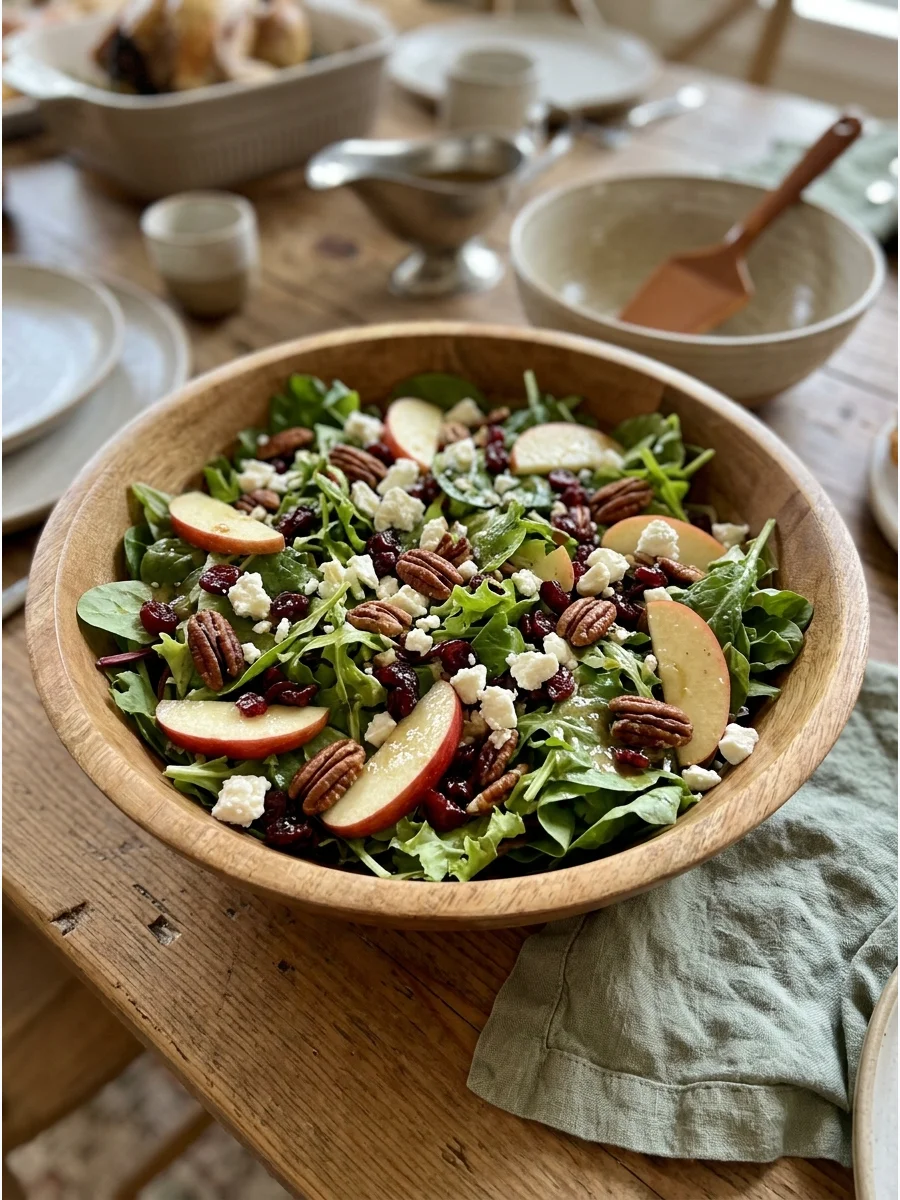 A fresh green salad with red apple slices and pecans in a wooden bowl.