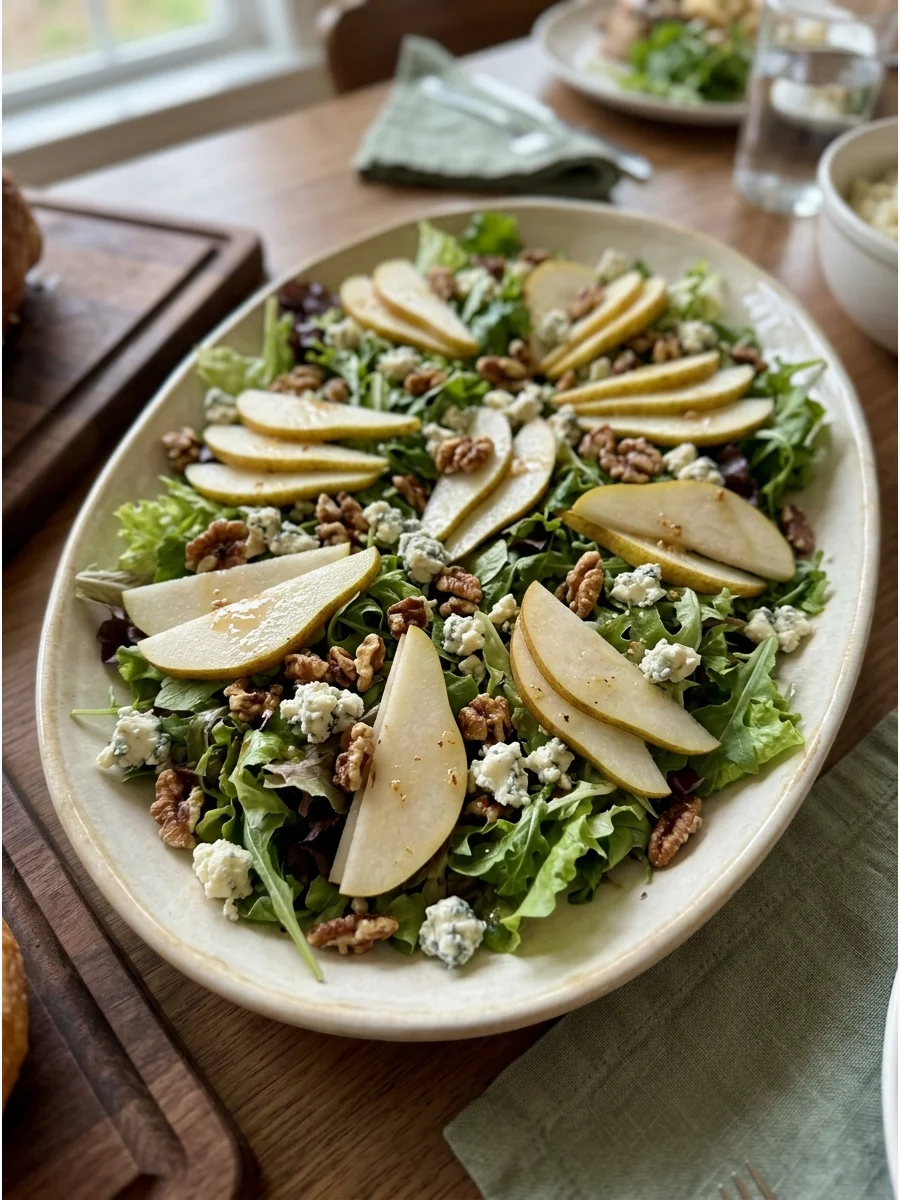A pear and blue cheese salad on a white ceramic platter.