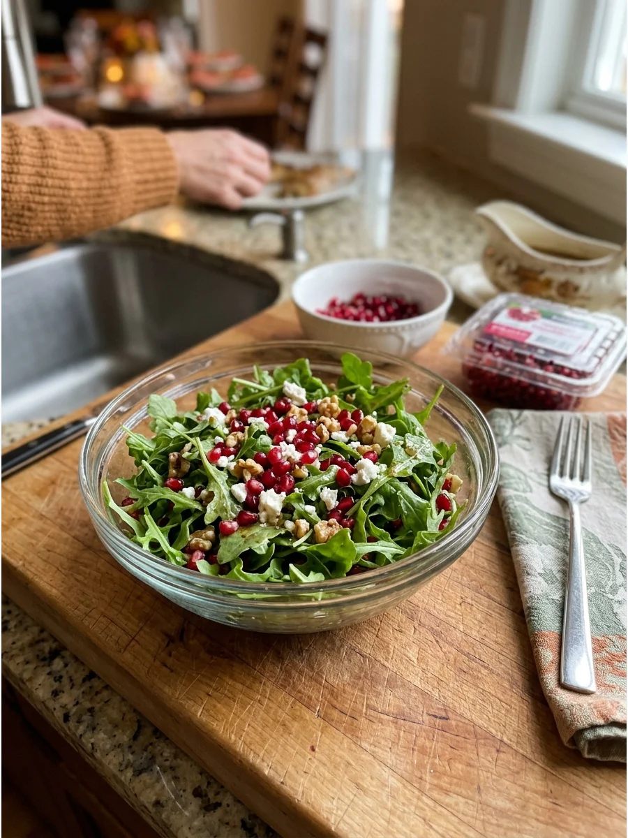 Arugula salad with red pomegranate seeds in a clear glass bowl.