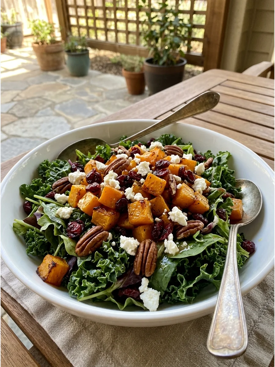 Roasted butternut squash salad with goat cheese in a white bowl.