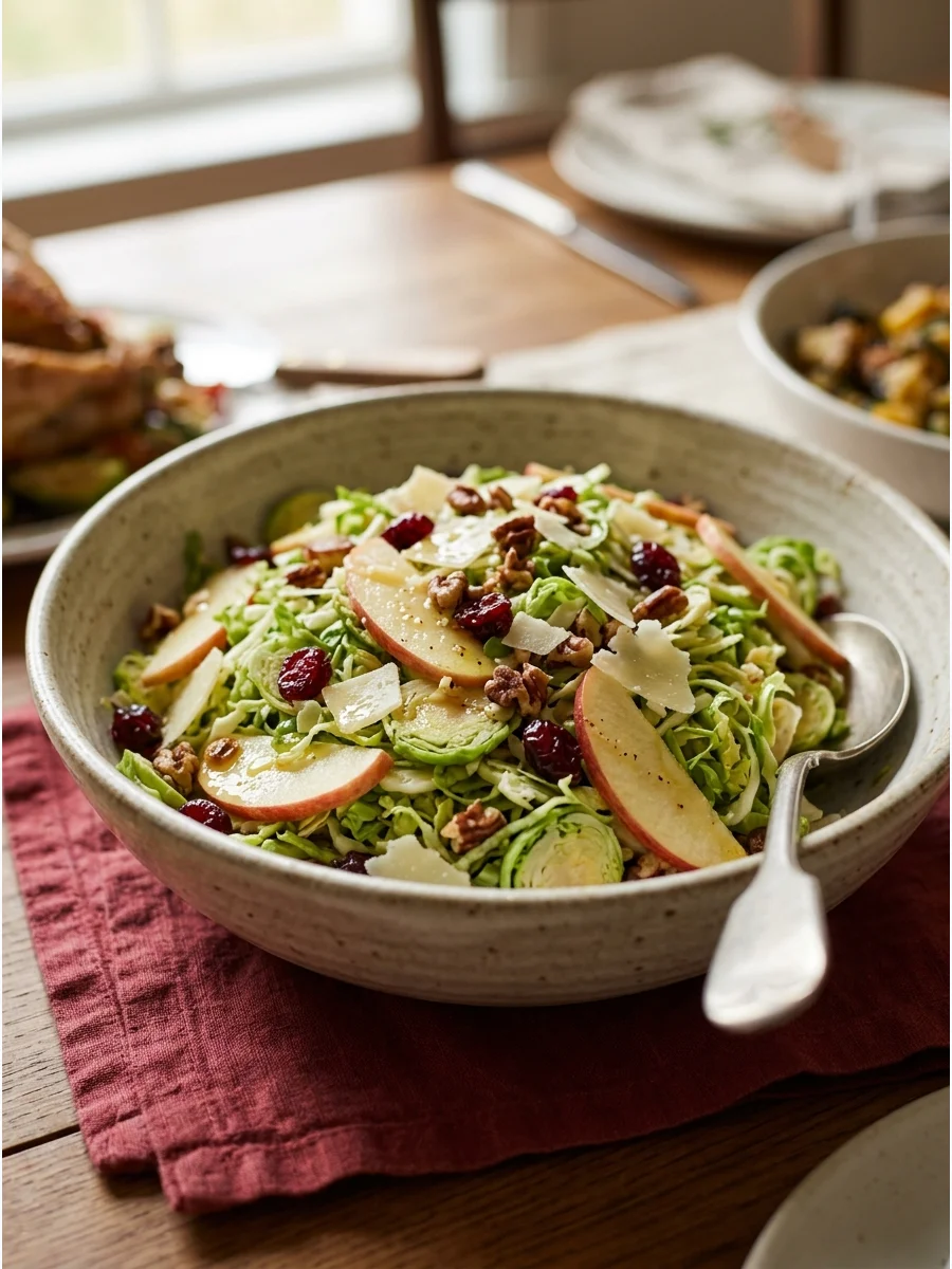 Shredded Brussels sprouts salad with apple slices and nuts.