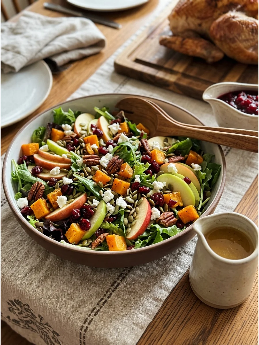 A harvest salad with roasted squash and pumpkin seeds in a large bowl.