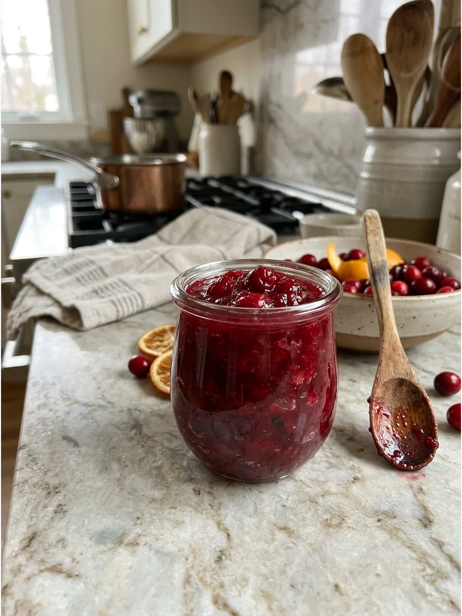 Homemade red cranberry sauce in a glass jar on a kitchen counter.