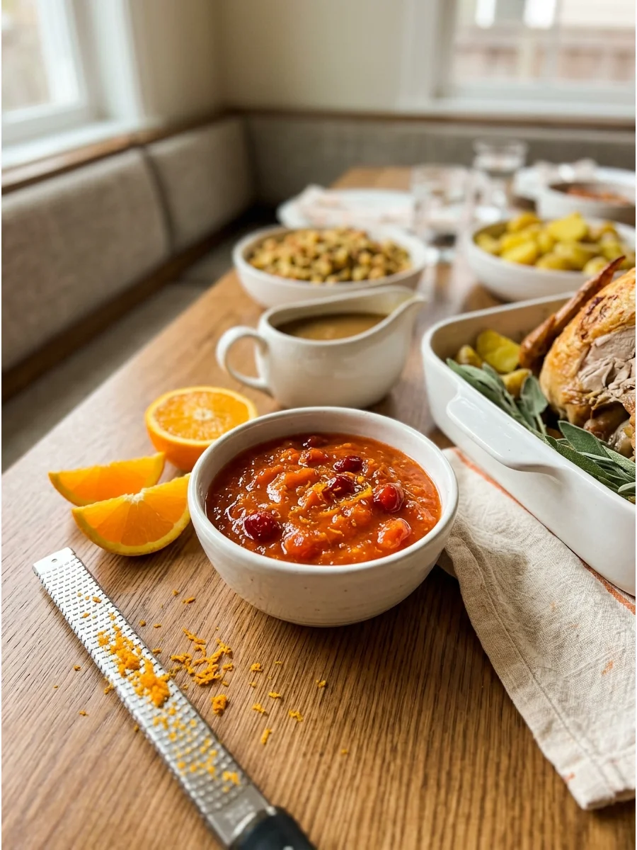 Cranberry orange sauce in a white bowl with orange zest on top.