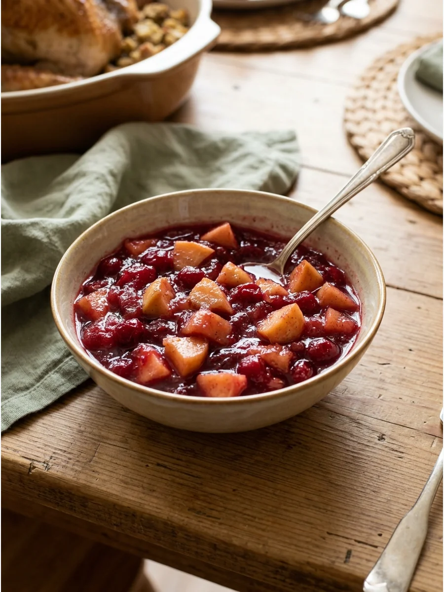 Chunky apple cranberry sauce in a decorative ceramic bowl.
