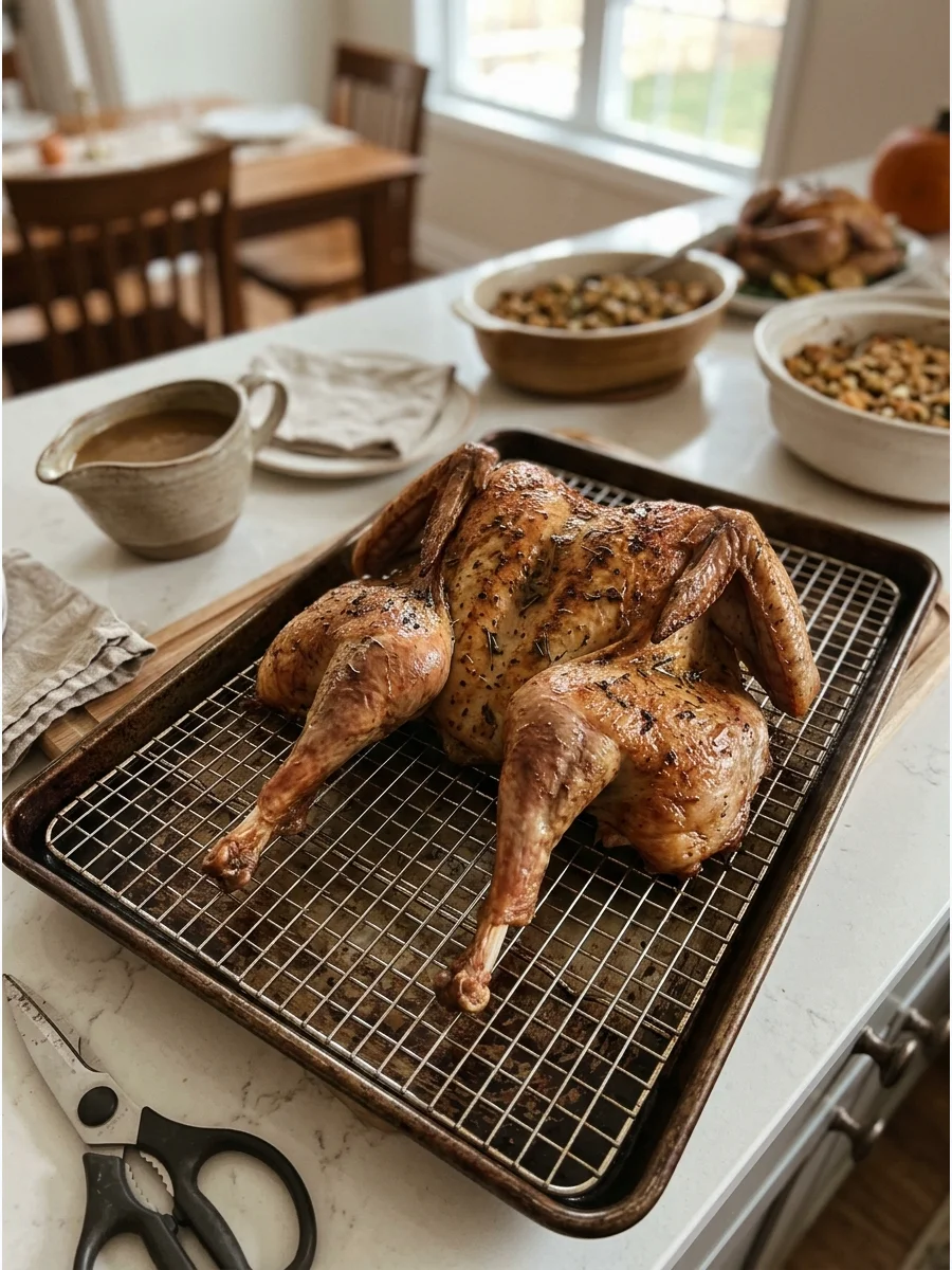 A spatchcocked turkey roasting on a wire rack in a baking sheet.