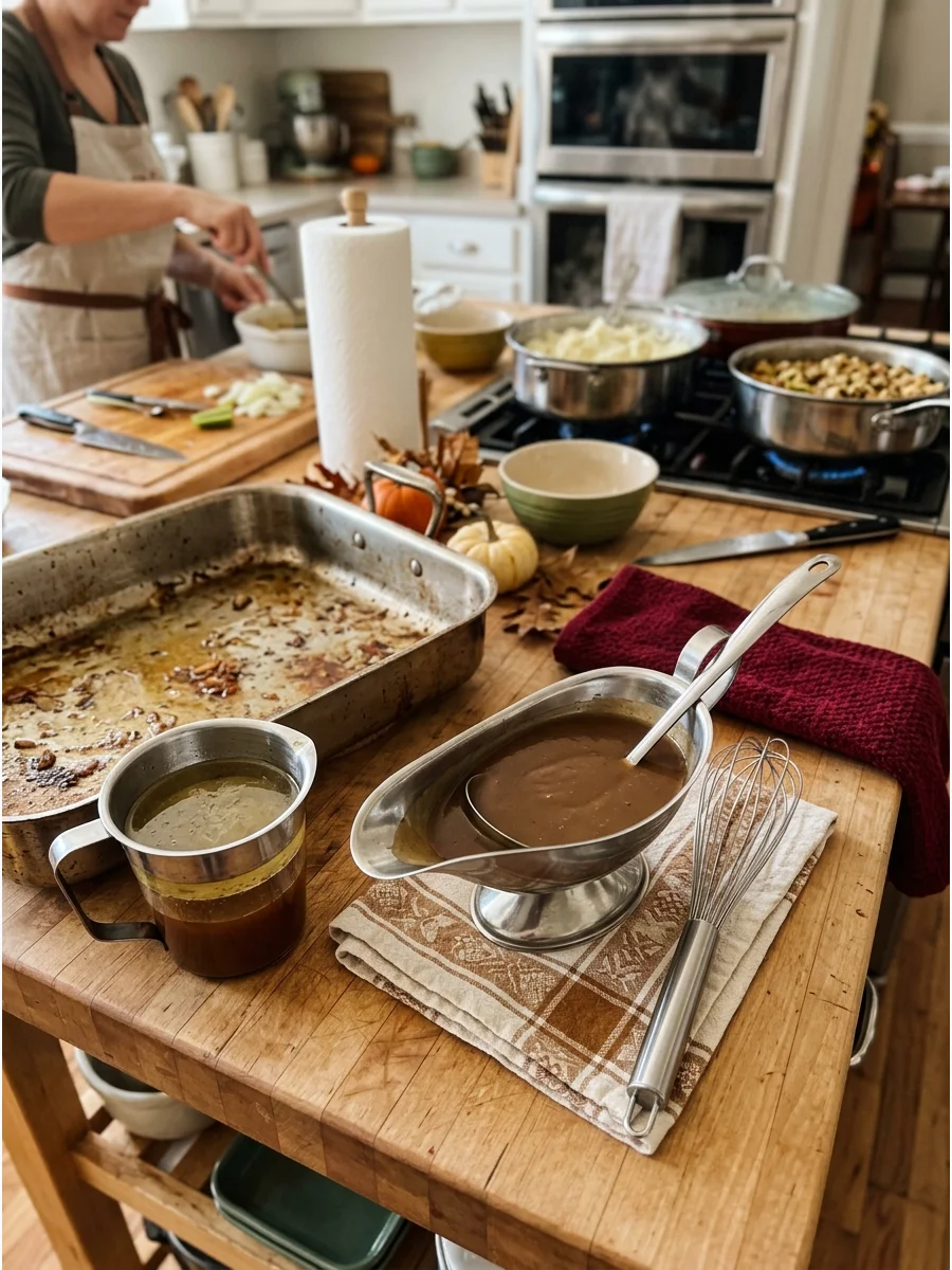 Savory turkey gravy in a stainless steel gravy boat on a kitchen island.