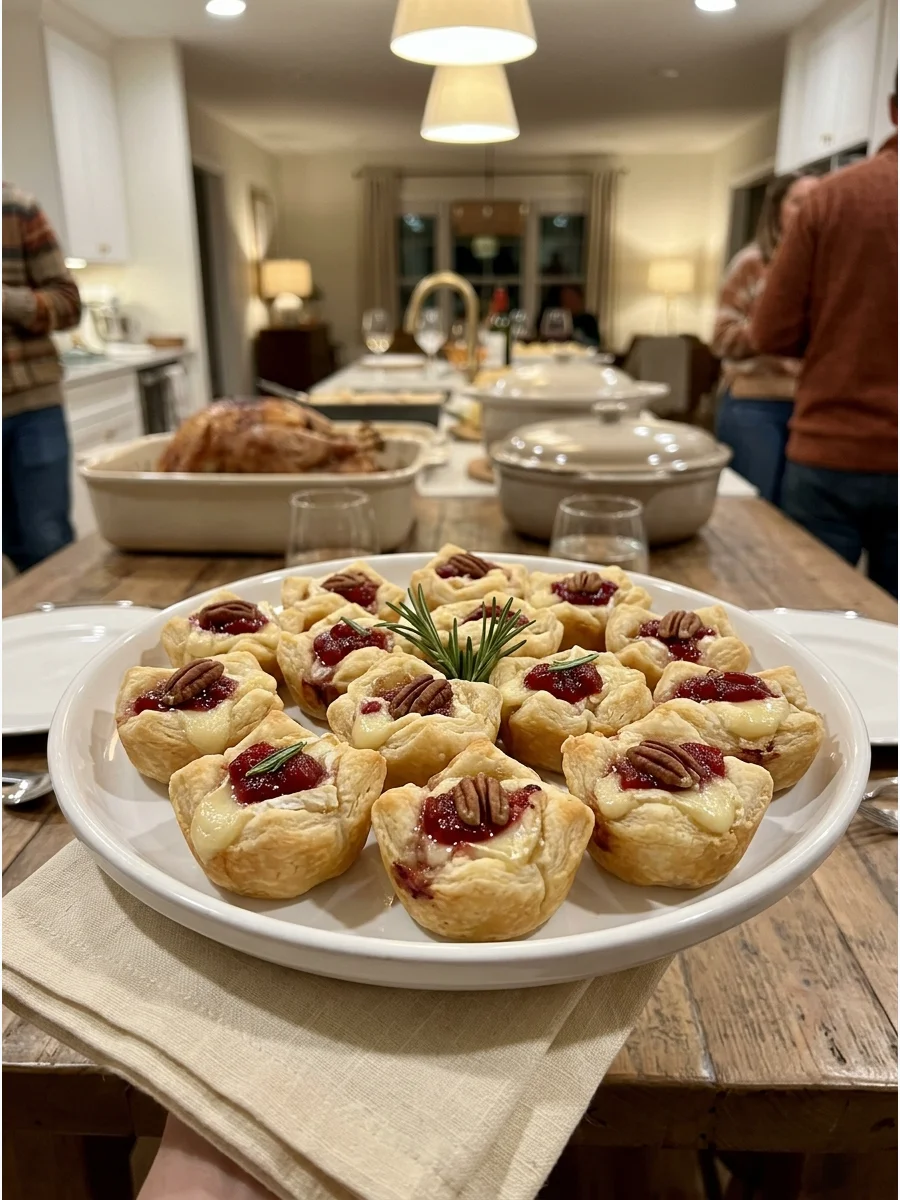 Small pastry cups filled with melted brie and cranberry sauce on a white platter.