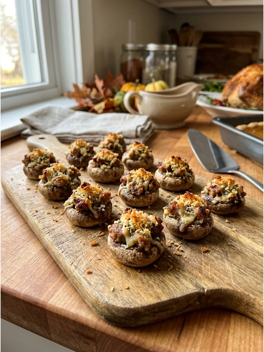 Savory stuffed mushrooms with a golden breadcrumb topping on a wooden board.