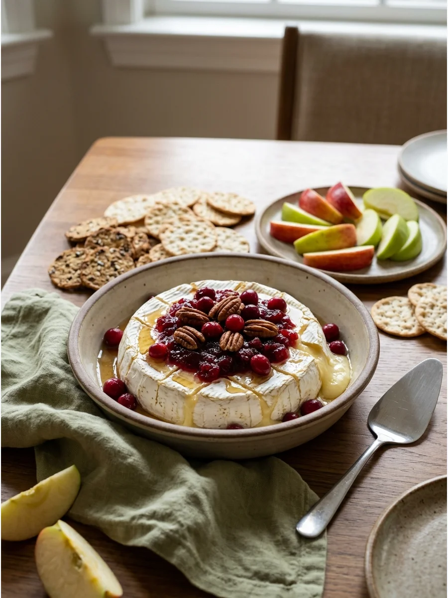 A whole wheel of melted brie topped with cranberries and nuts in a dish.