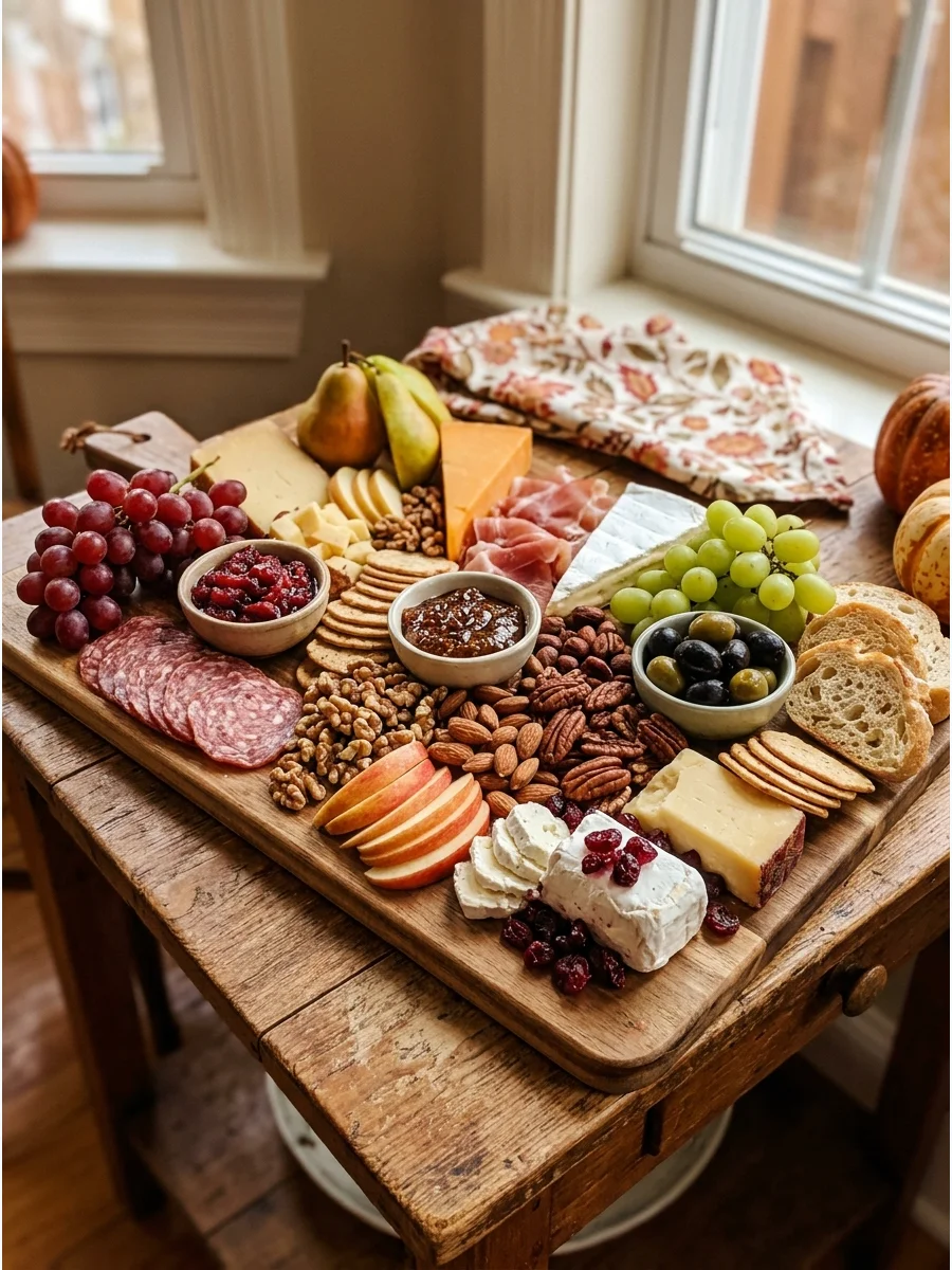A festive charcuterie board with meats, cheeses, and autumn fruits on a table.