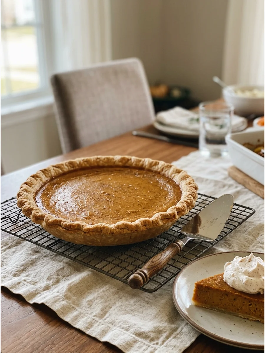 A traditional pumpkin pie with a golden crust on a dining room table.