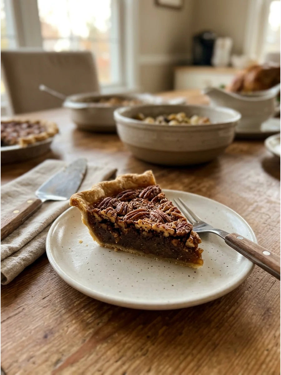 A slice of pecan pie showing the syrup filling and toasted nut layer.