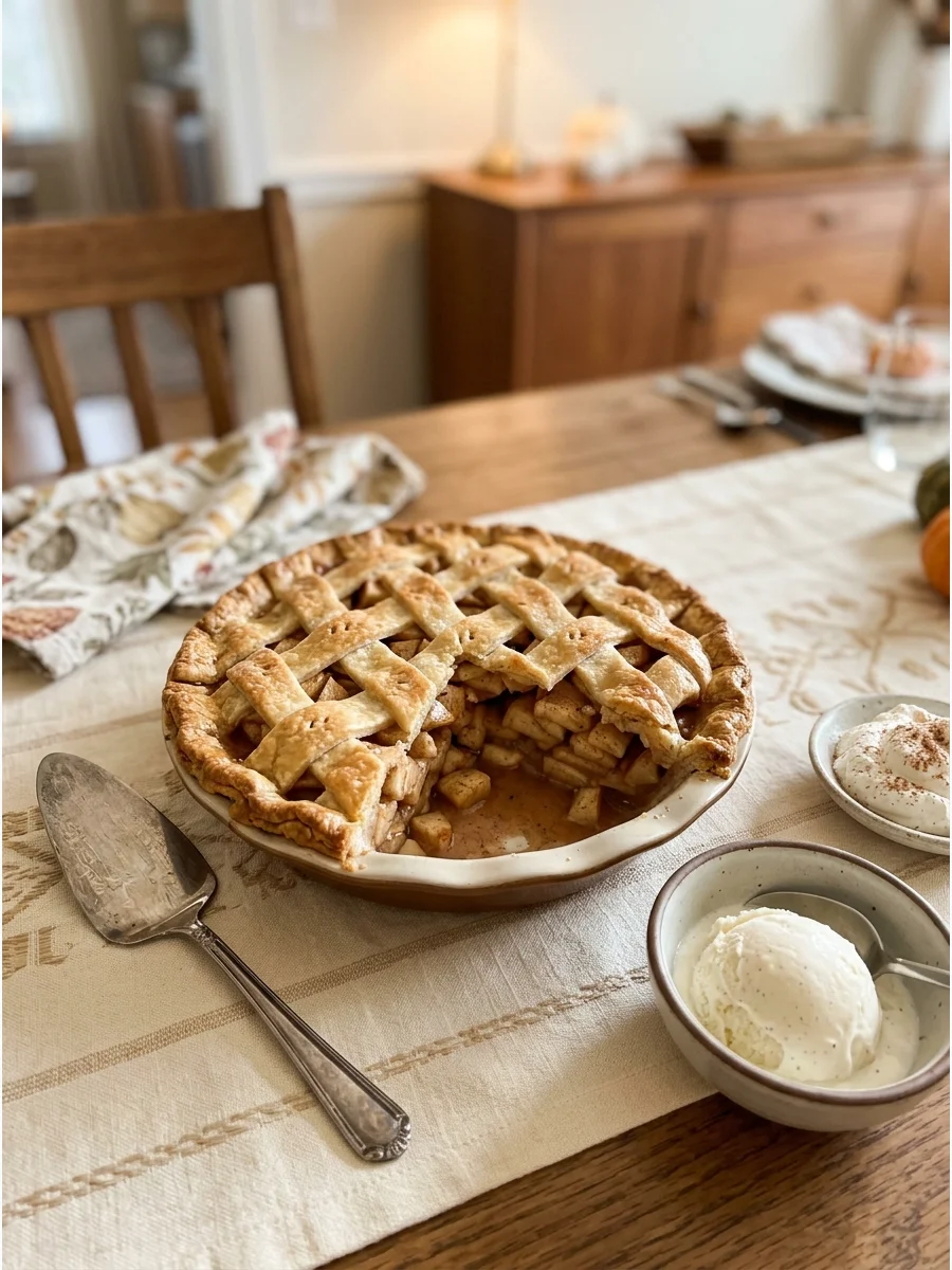 A lattice-top apple pie on a decorated Thanksgiving dining table.