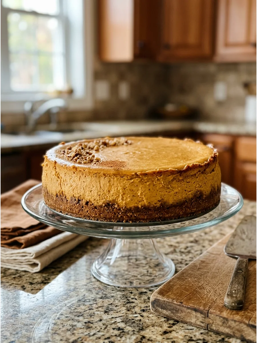 A whole pumpkin cheesecake on a glass stand in a home kitchen.