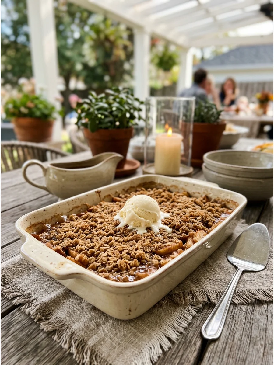 Apple crisp in a baking dish topped with a scoop of vanilla ice cream.