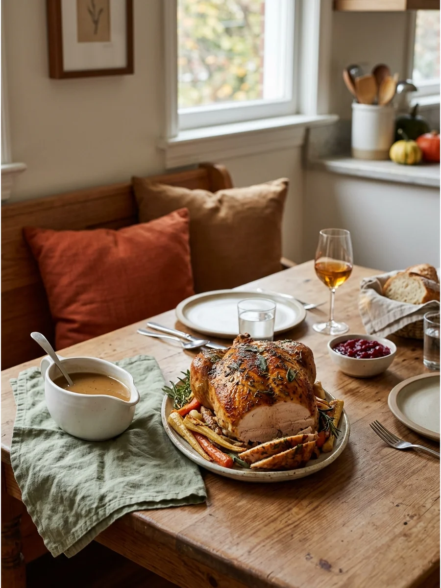 A roasted turkey breast on a small platter with a gravy boat.