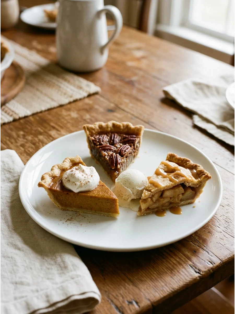 A dessert plate featuring small slices of pumpkin, pecan, and apple pie.