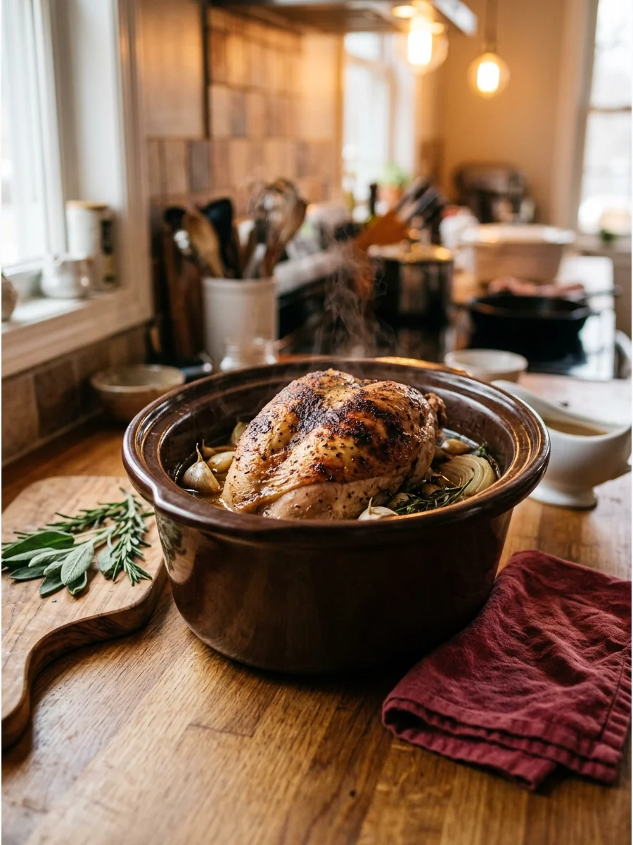 A cooked turkey breast inside a slow cooker on a kitchen counter.