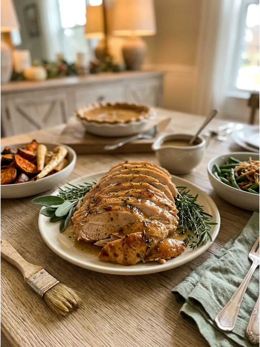 Stacked slices of honey-glazed turkey breast on a white plate.