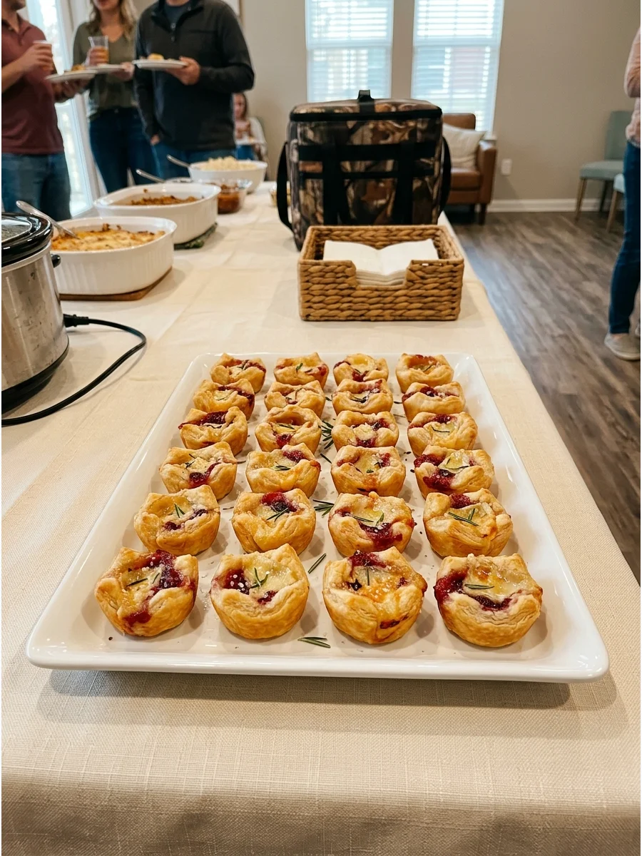 Mini puff pastry bites filled with melted brie and red cranberry sauce on a white serving tray.