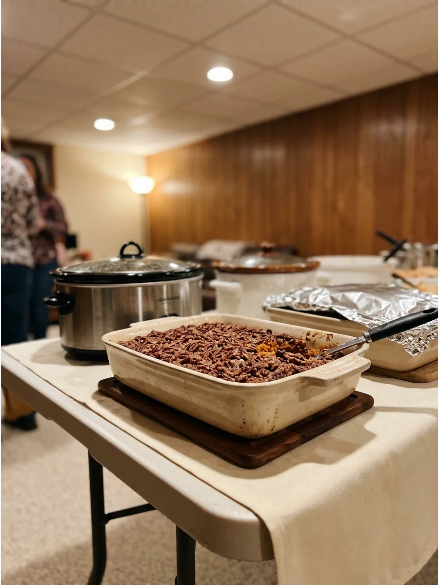 Mashed sweet potatoes topped with a layer of toasted pecans and brown sugar.