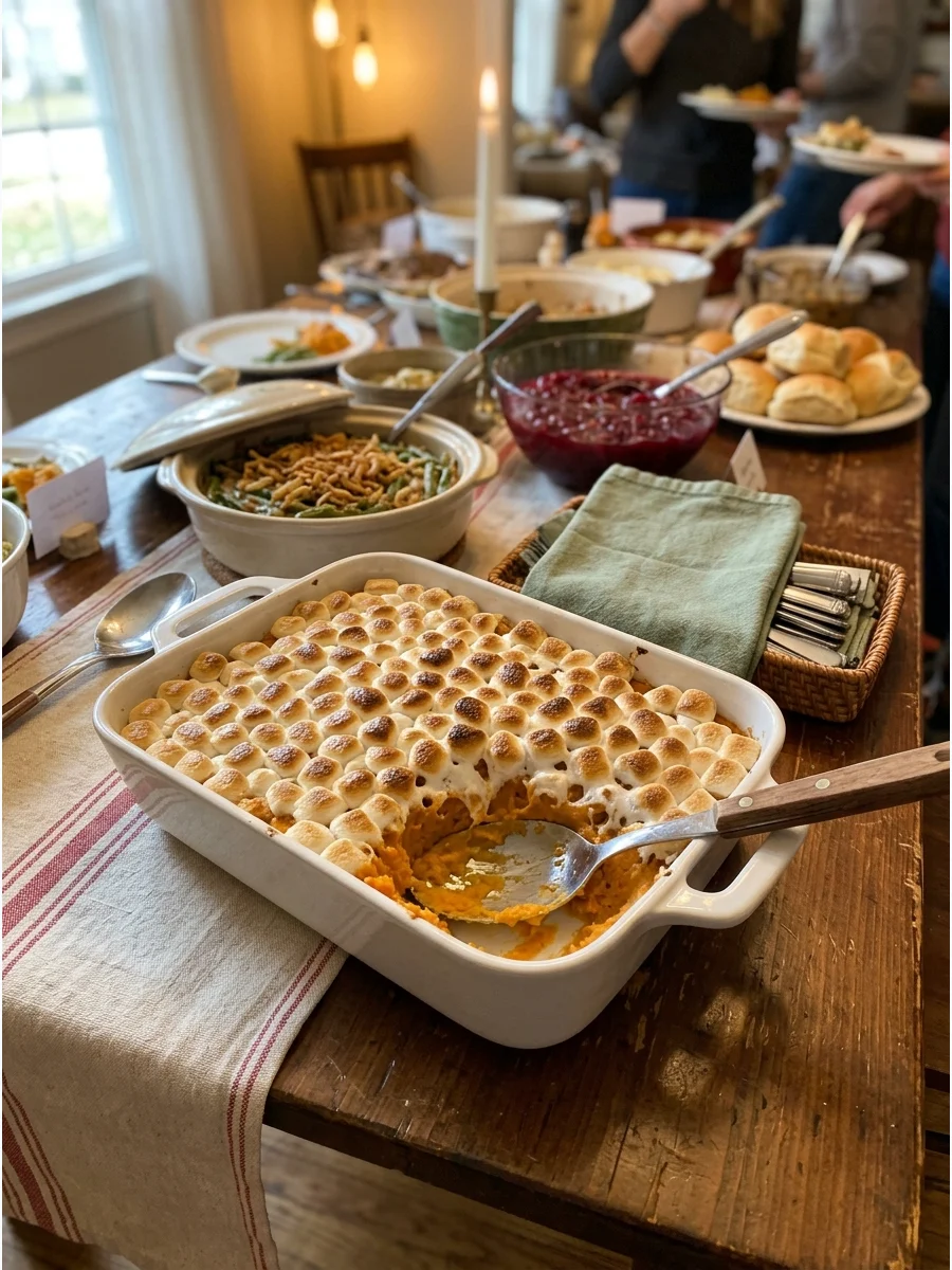 A sweet potato casserole topped with toasted marshmallows in a white dish.