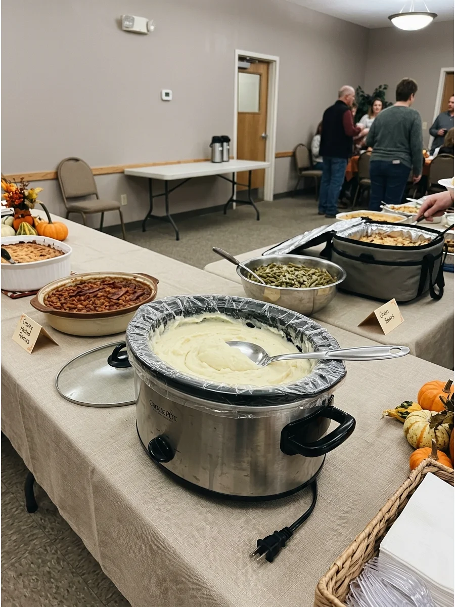 A slow cooker filled with creamy mashed potatoes on a buffet line.