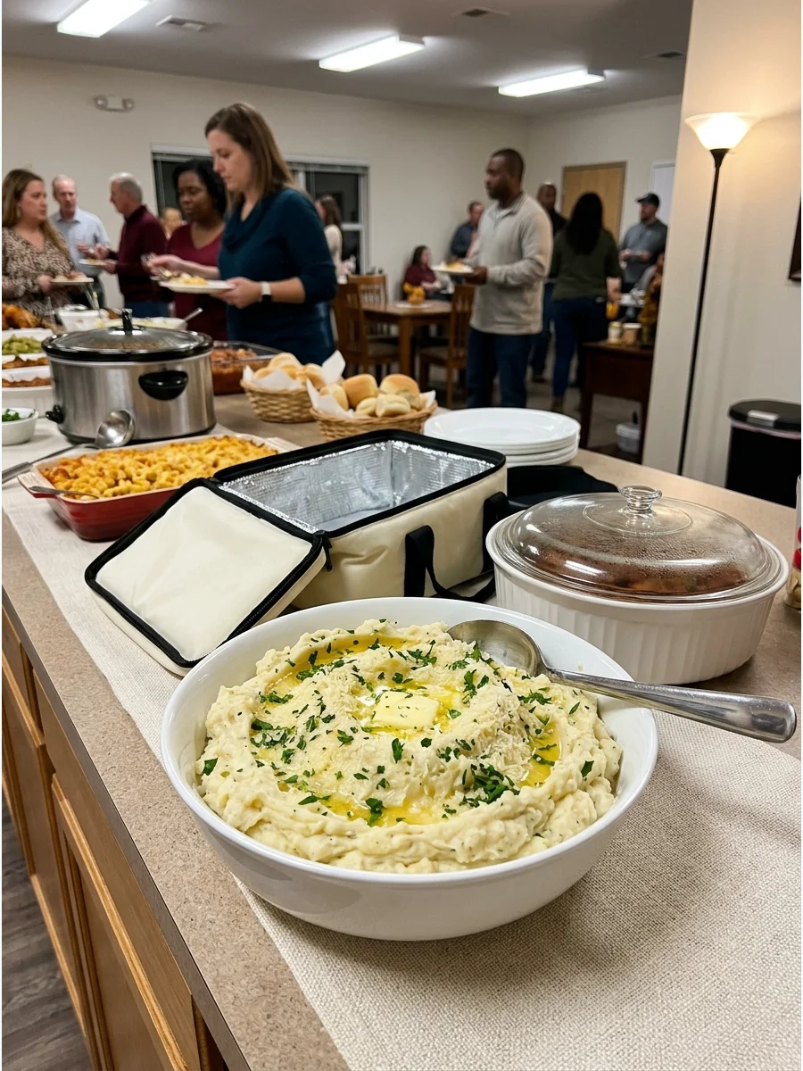 A bowl of garlic parmesan mashed potatoes garnished with herbs.