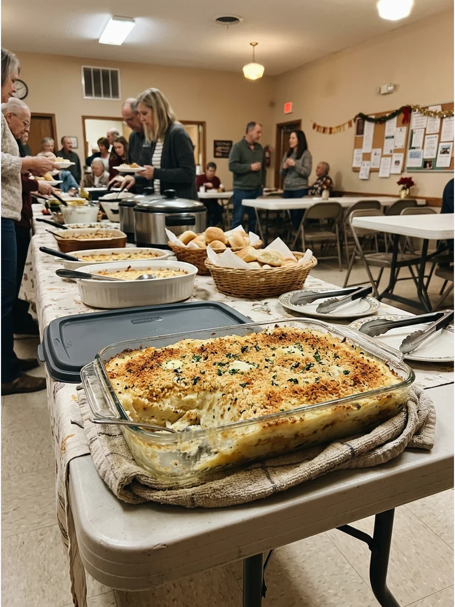 A baked mashed potato casserole with a golden brown breadcrumb crust.