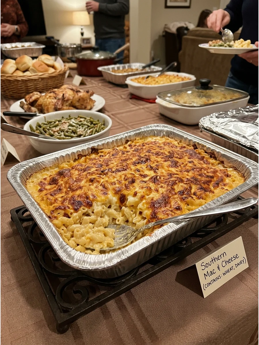 A large pan of baked macaroni and cheese with a crispy cheese top.