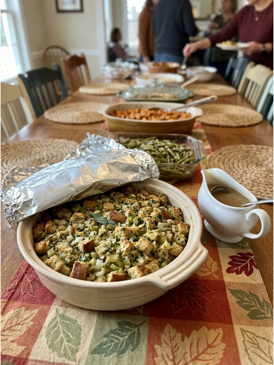A ceramic dish of traditional sage stuffing on a holiday table.