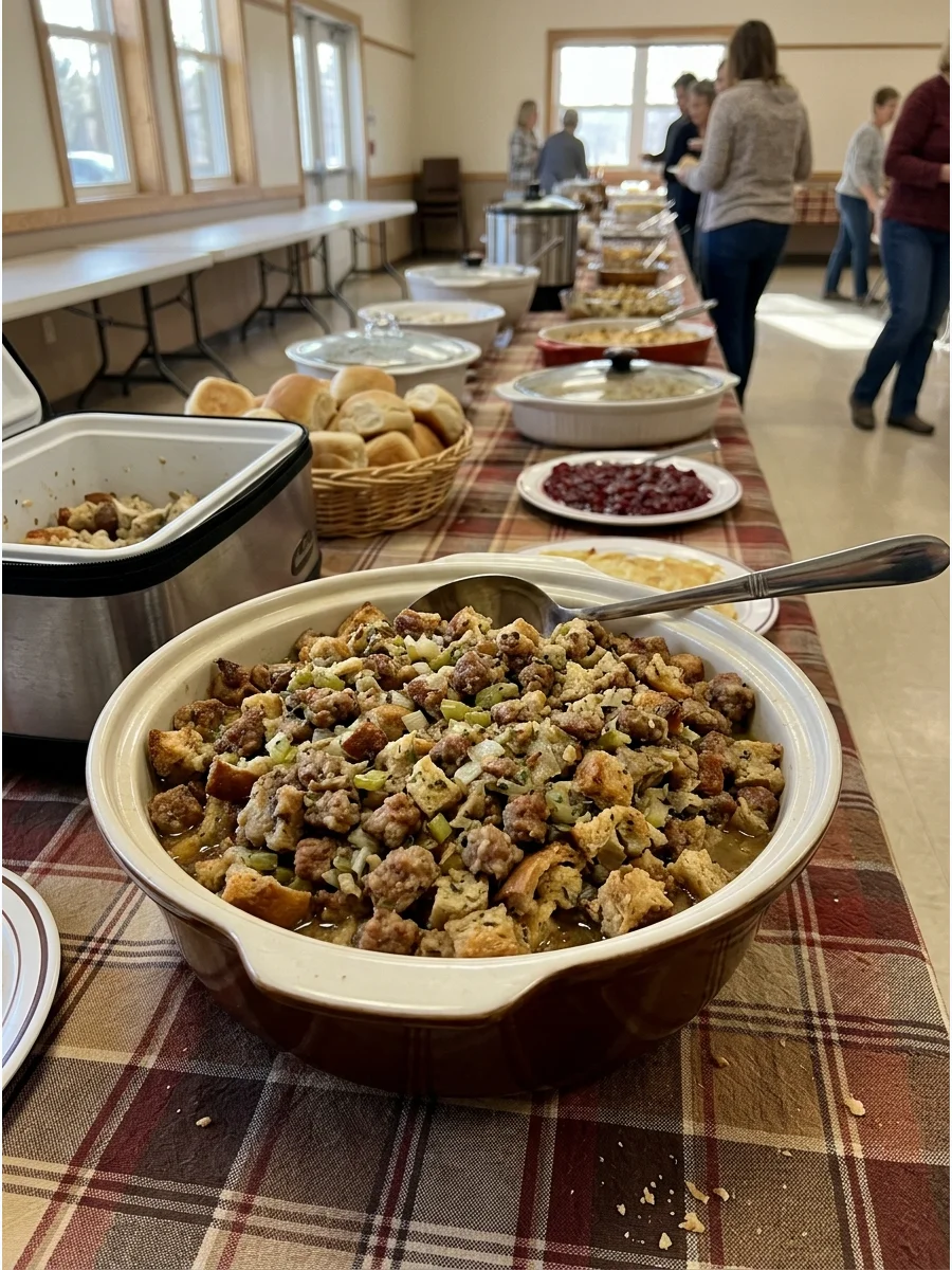 A bowl of savory sausage and herb stuffing.