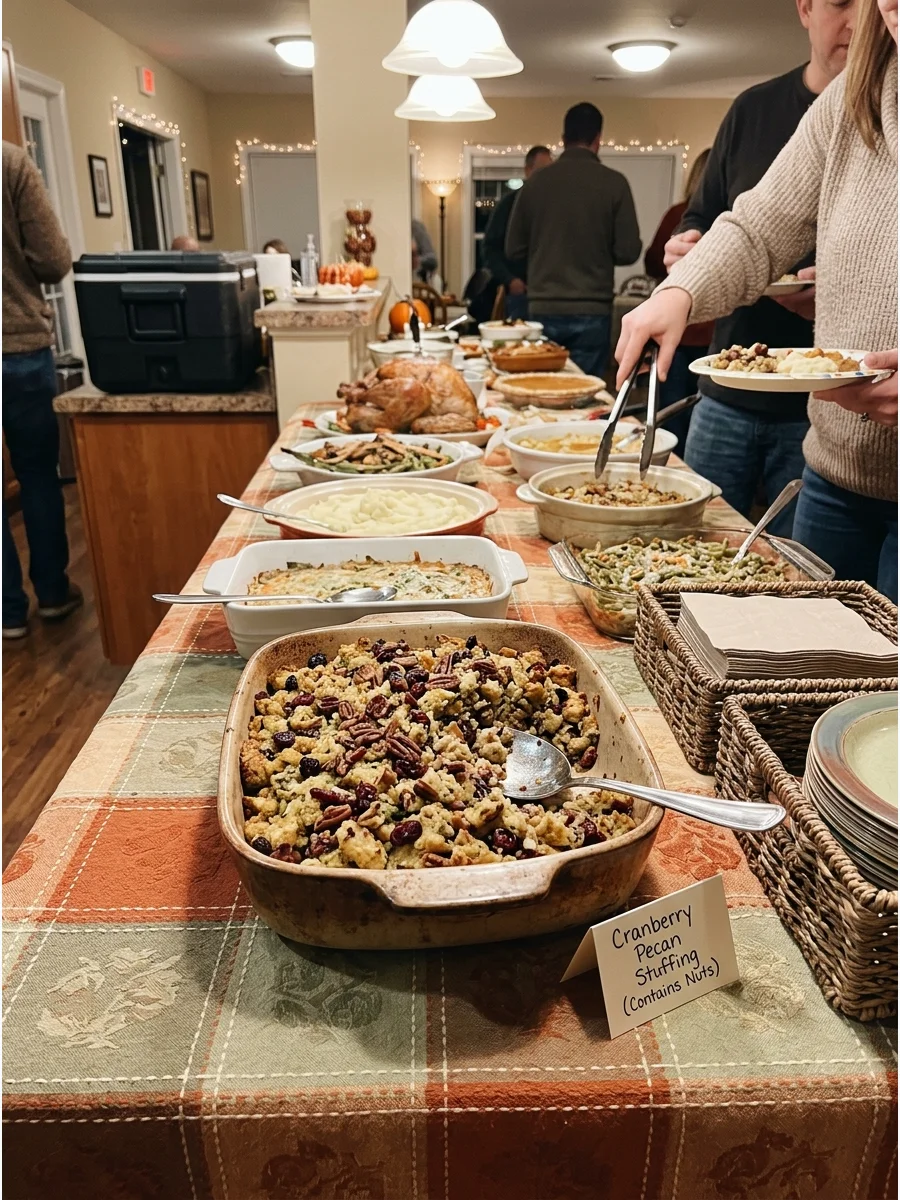 Stuffing with cranberries and pecans in a white serving dish.