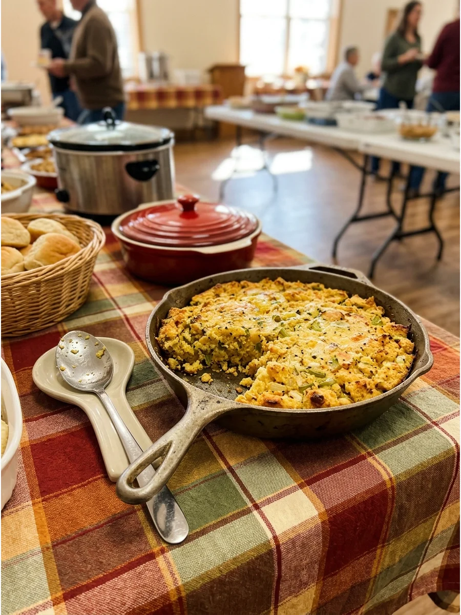 A cast iron skillet filled with southern style cornbread dressing.