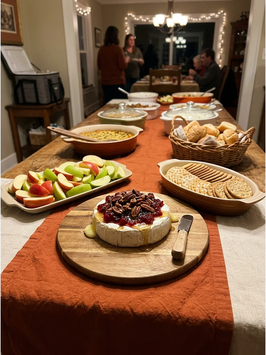 A whole wheel of baked brie topped with red cranberries and brown pecans on a wooden serving board.