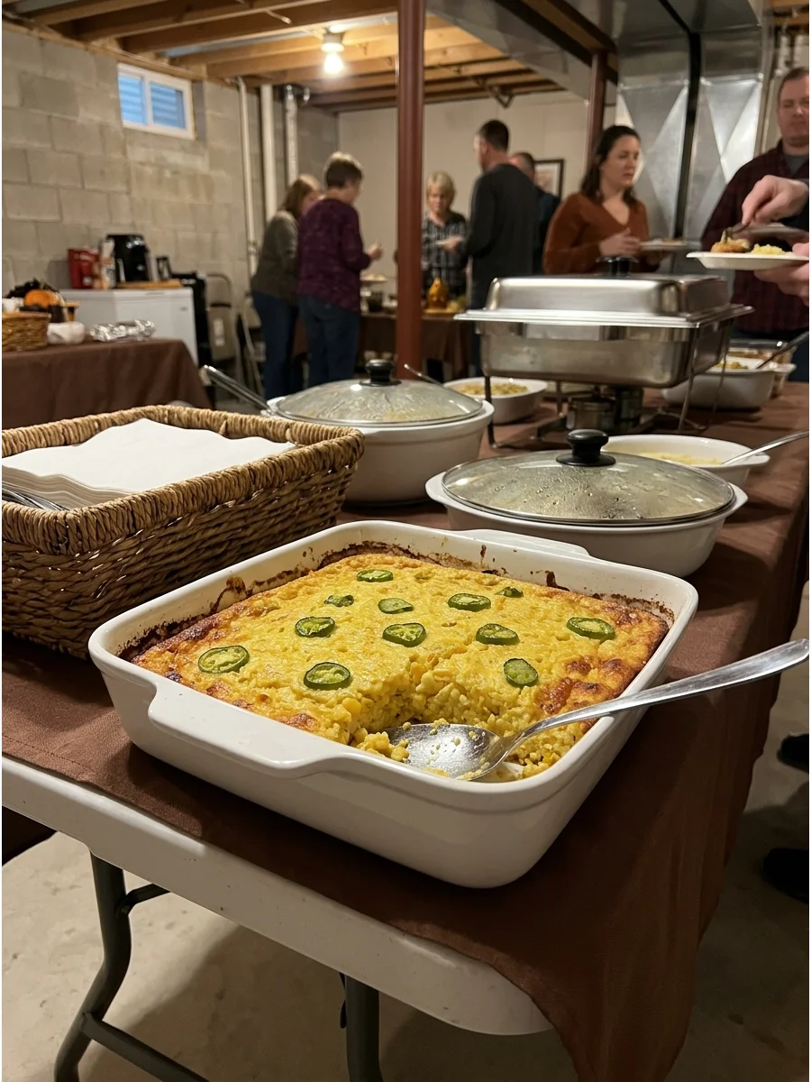 A square dish of golden corn casserole on a buffet table.