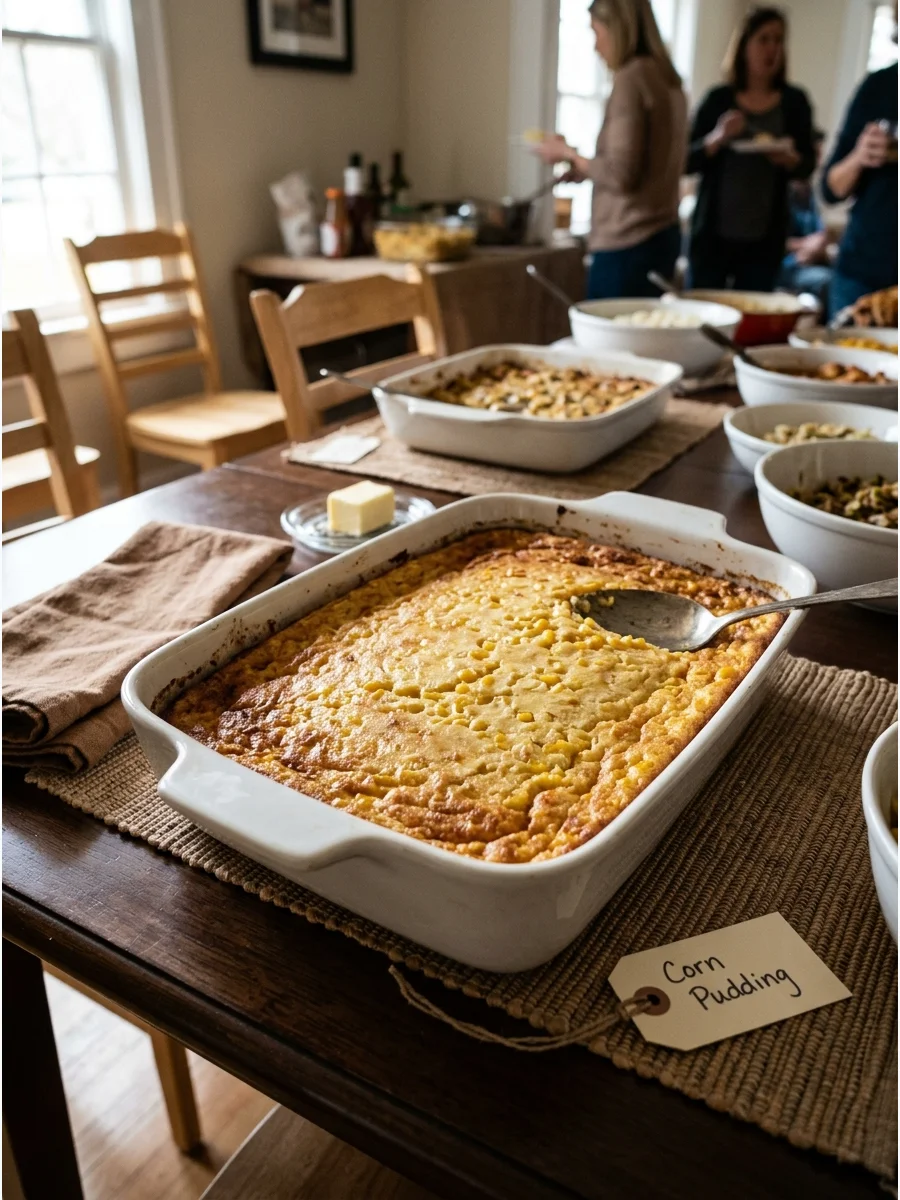 A warm golden corn pudding in a white dish.