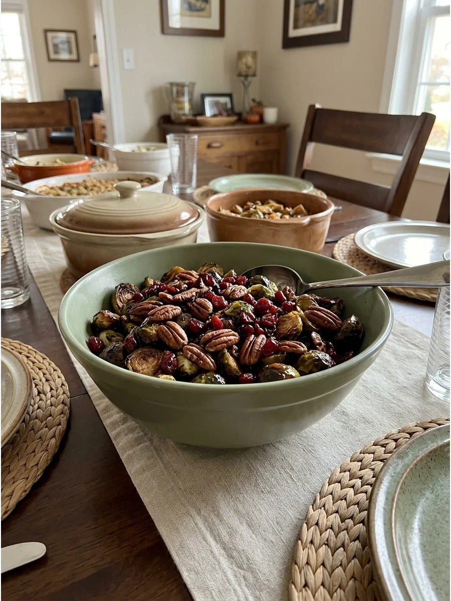 Roasted Brussels sprouts with a dark balsamic glaze.