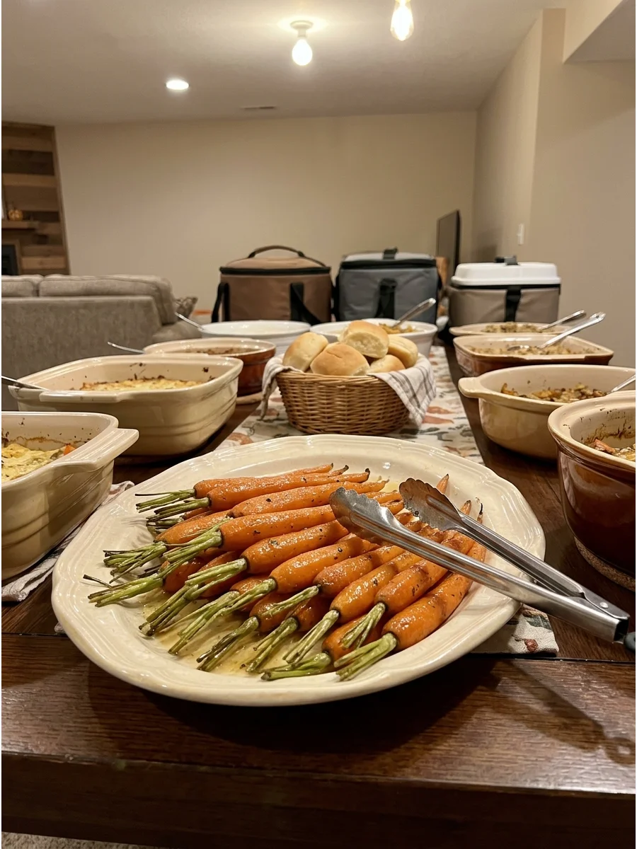 Shiny honey-glazed carrots on a serving platter.