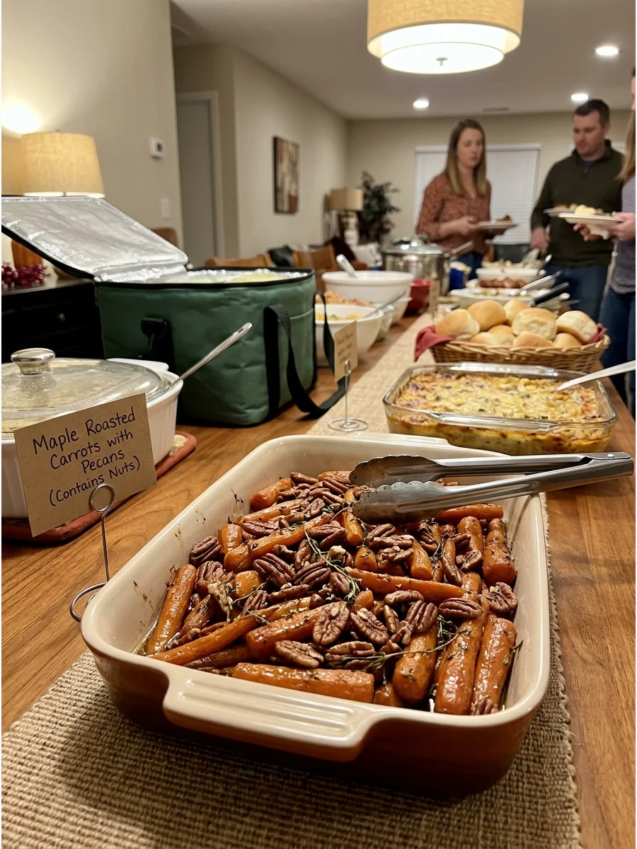 Roasted carrots garnished with pecans and thyme.